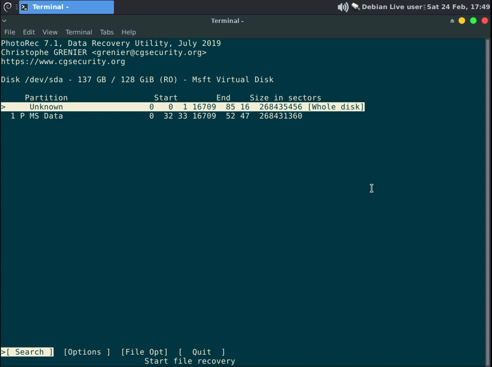 Partition selection and beginning search in Photorec