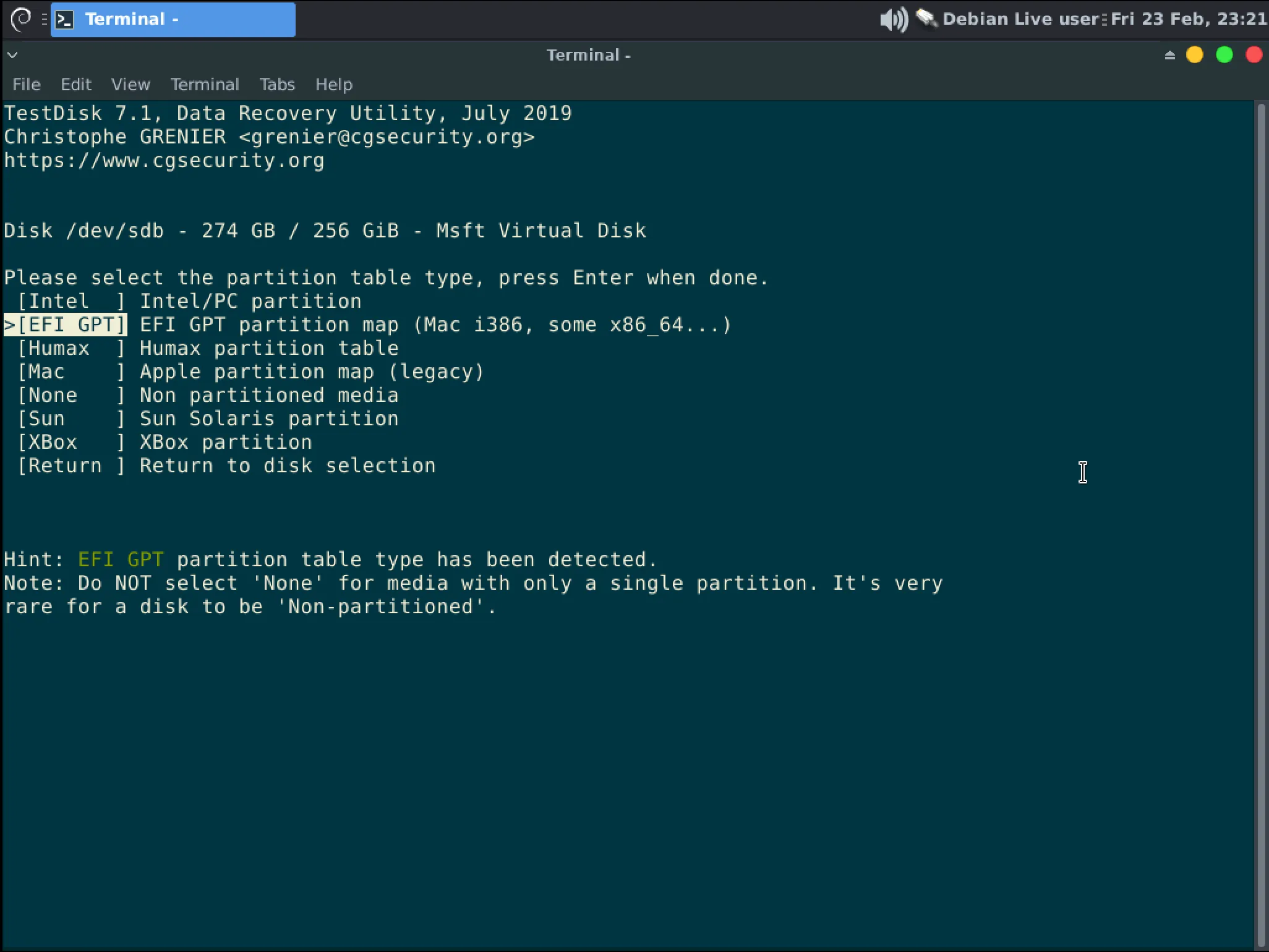 Partition table selection in Testdisk